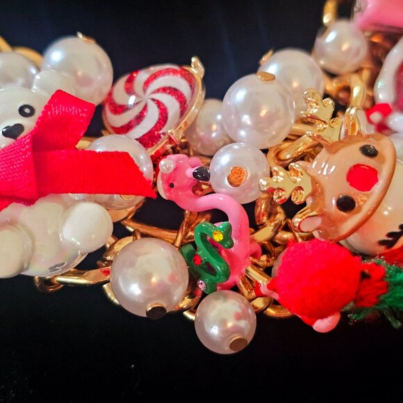 Betsey Johnson Holiday Christmas Statement Necklace Earrings Set Charms & Pearls - Picture 6 of 16